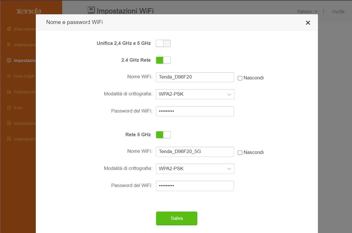 Nome e password Wi-Fi